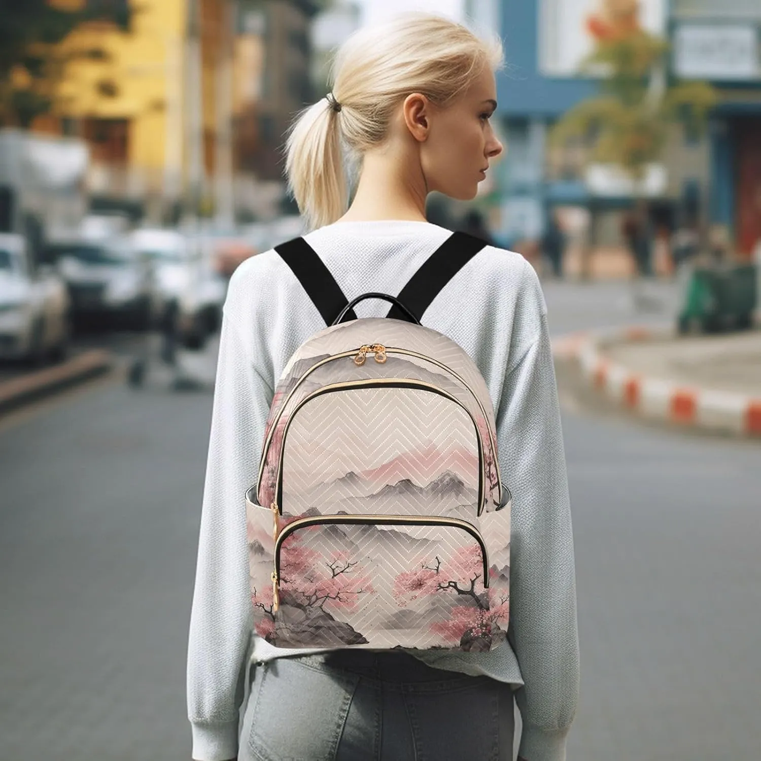 ALAZA Cherry Blossom Mountain Small Backpack Purse for Women Travel Bag Lightweight Shoulder Bag Fashion Daypack