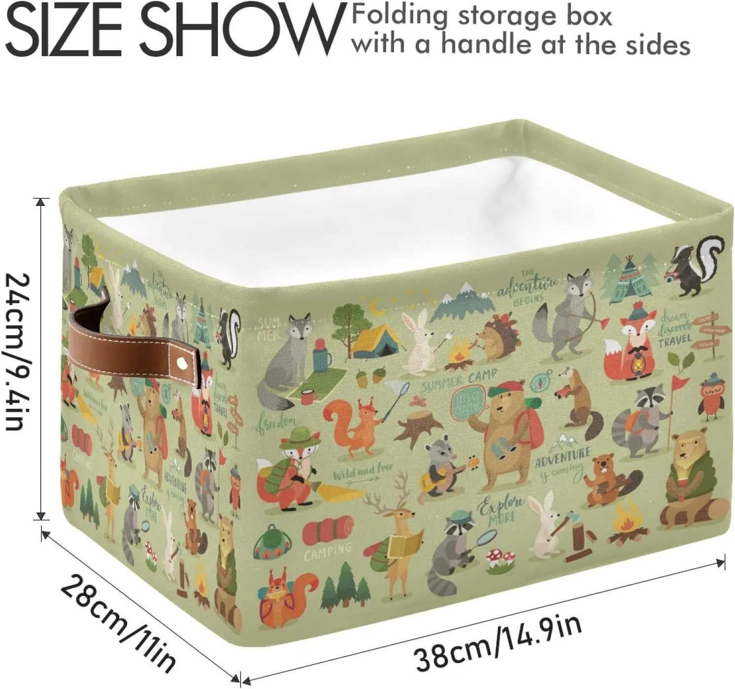 ALAZA Decorative Basket Rectangular Storage Bin, Camping Animals Jungle Fox Bear Rabbit Organizer Basket with Leather Handles for Home Office
