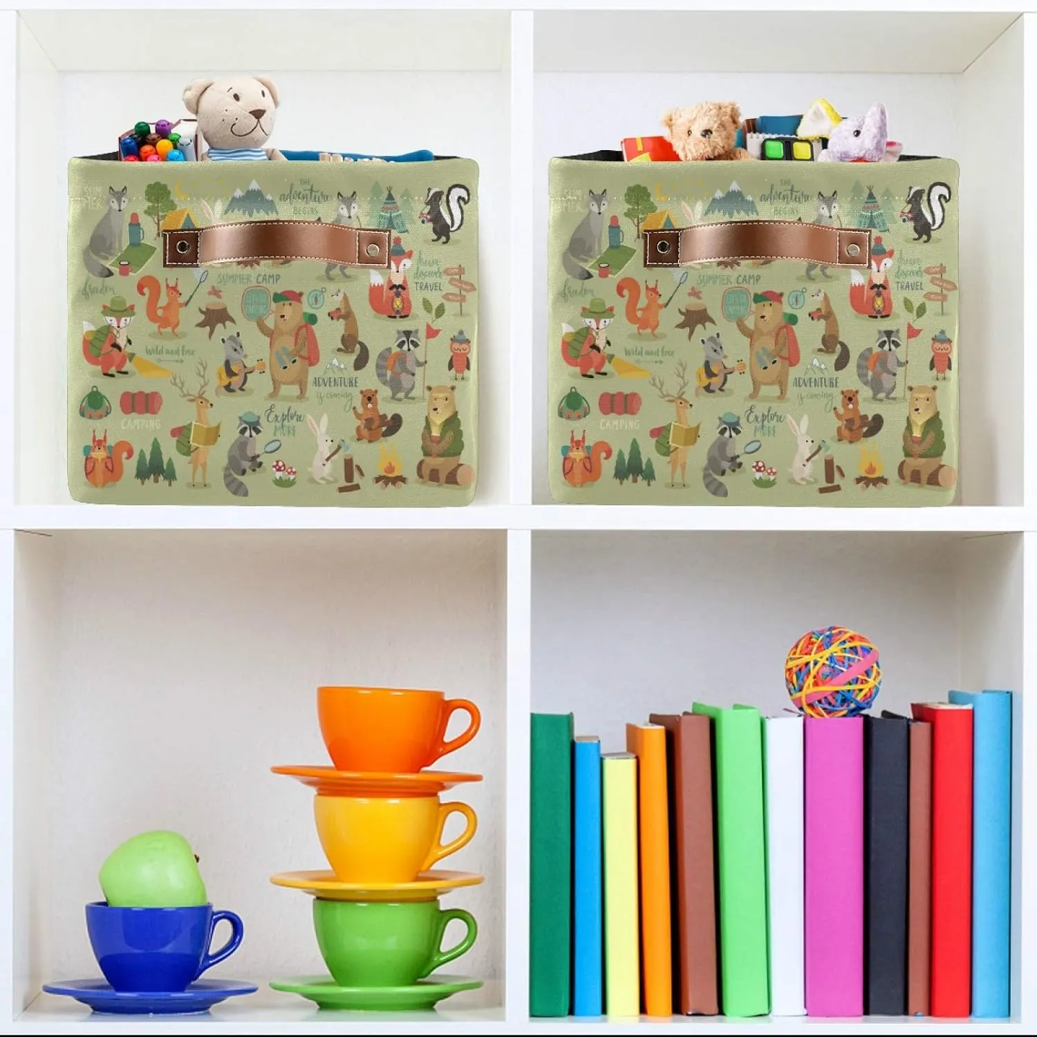 ALAZA Decorative Basket Rectangular Storage Bin, Camping Animals Jungle Fox Bear Rabbit Organizer Basket with Leather Handles for Home Office