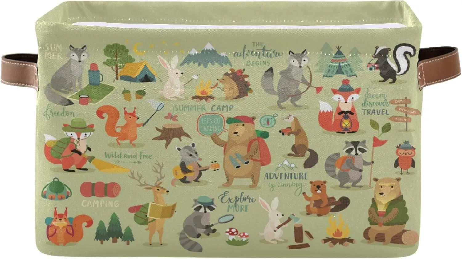ALAZA Decorative Basket Rectangular Storage Bin, Camping Animals Jungle Fox Bear Rabbit Organizer Basket with Leather Handles for Home Office
