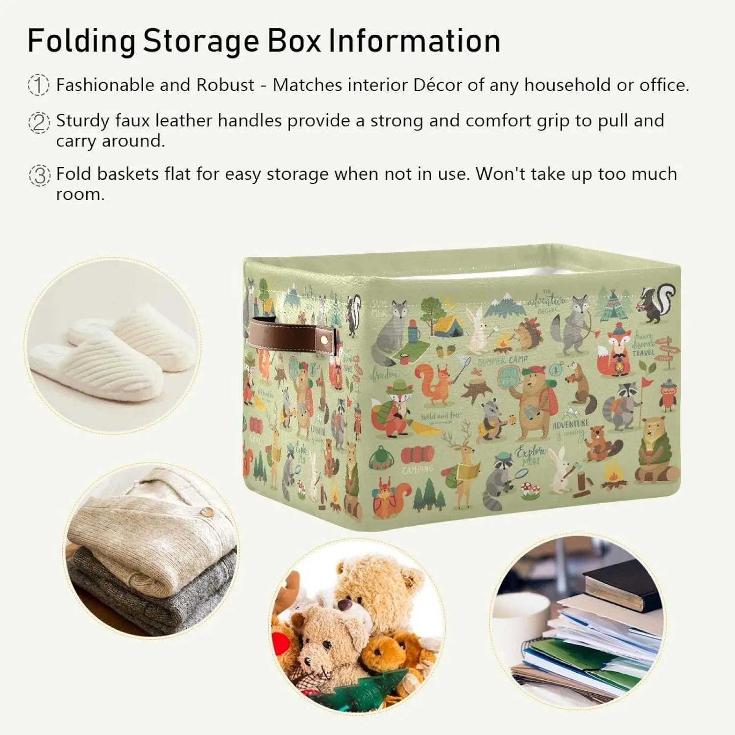 ALAZA Decorative Basket Rectangular Storage Bin, Camping Animals Jungle Fox Bear Rabbit Organizer Basket with Leather Handles for Home Office