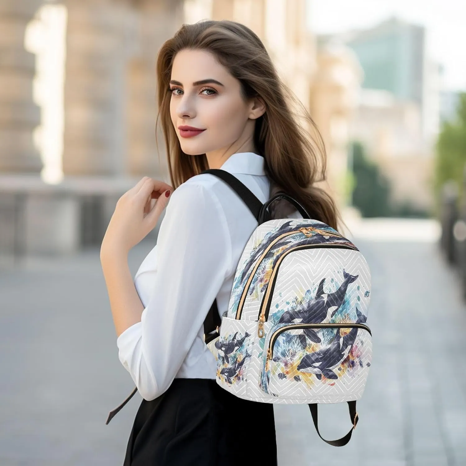 ALAZA Killer Whales Watercolor Small Backpack for Women Fashion Backpack Purse Lightweight Casual Daypack Back Pack Travel Bag, S