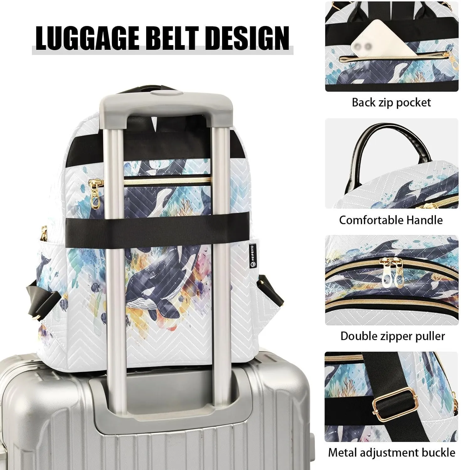 ALAZA Killer Whales Watercolor Small Backpack for Women Fashion Backpack Purse Lightweight Casual Daypack Back Pack Travel Bag, S