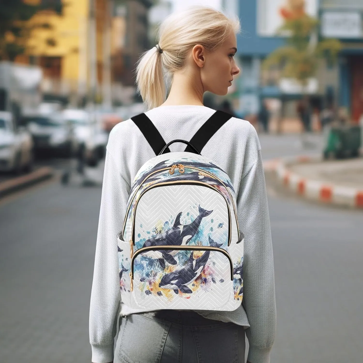 ALAZA Killer Whales Watercolor Small Backpack for Women Fashion Backpack Purse Lightweight Casual Daypack Back Pack Travel Bag, S