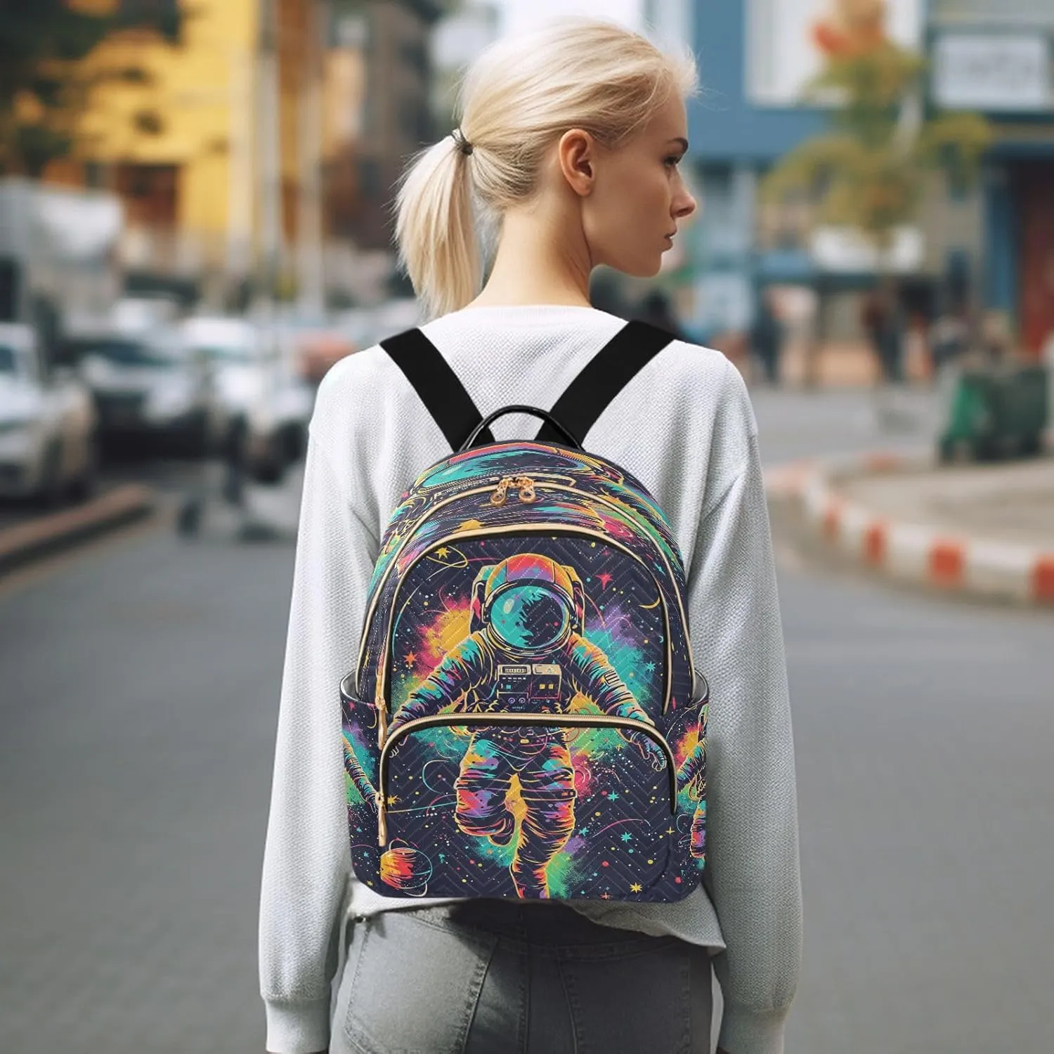 ALAZA Mini Backpack for Women Astronaut Watercolor Spaceman Travel Backpack Purse for Ladies Handbag Shoulder Bag Casual Daypack, M