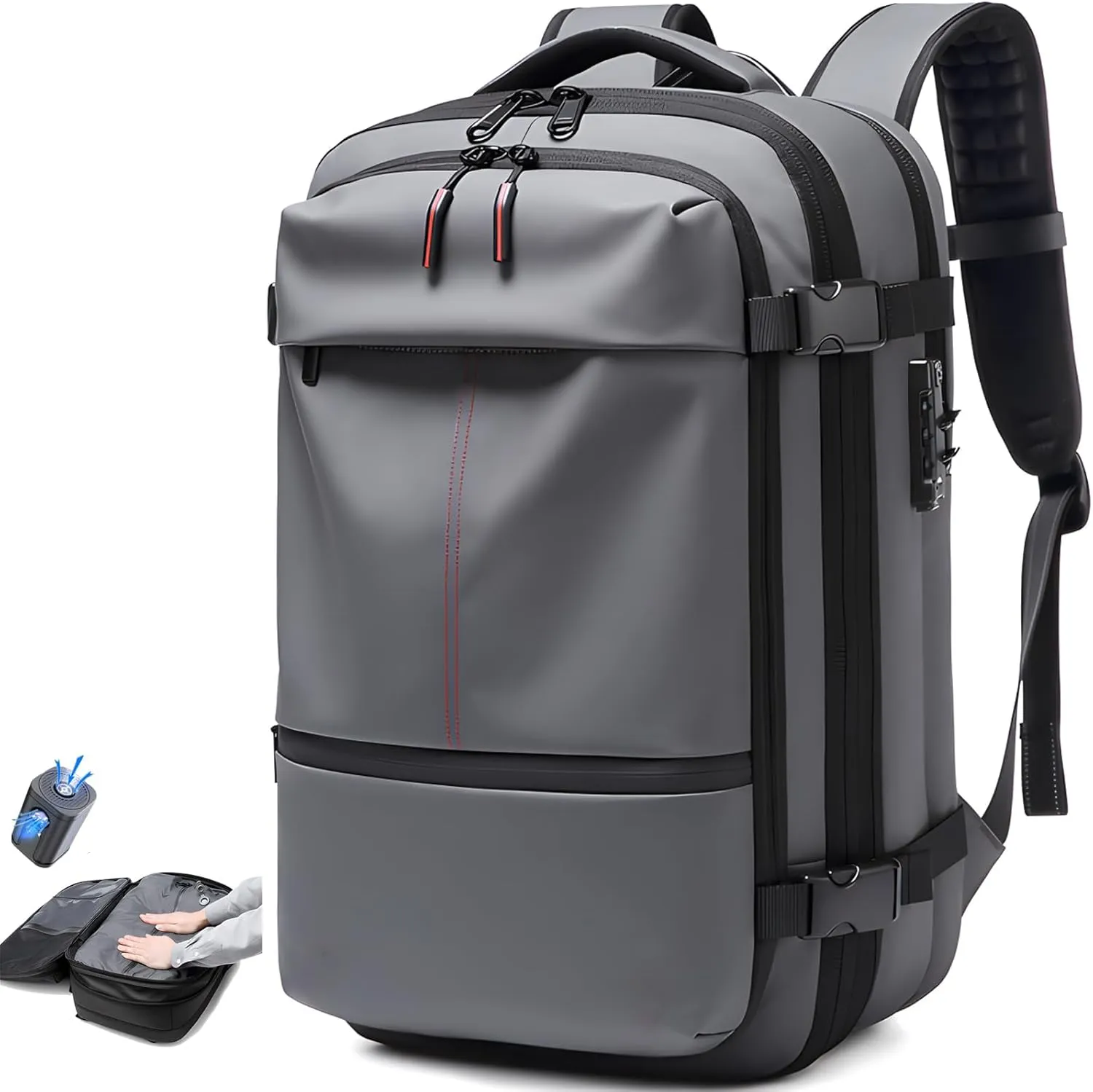 Alepeak Vacuum Backpack with Anti Theft Lock,Air Vacuum Backpack Travel,Transactione Backpack,60L Expandable Air Vacuum Backpack for Travel with Pump for Compression (Grey,with Air Pump)