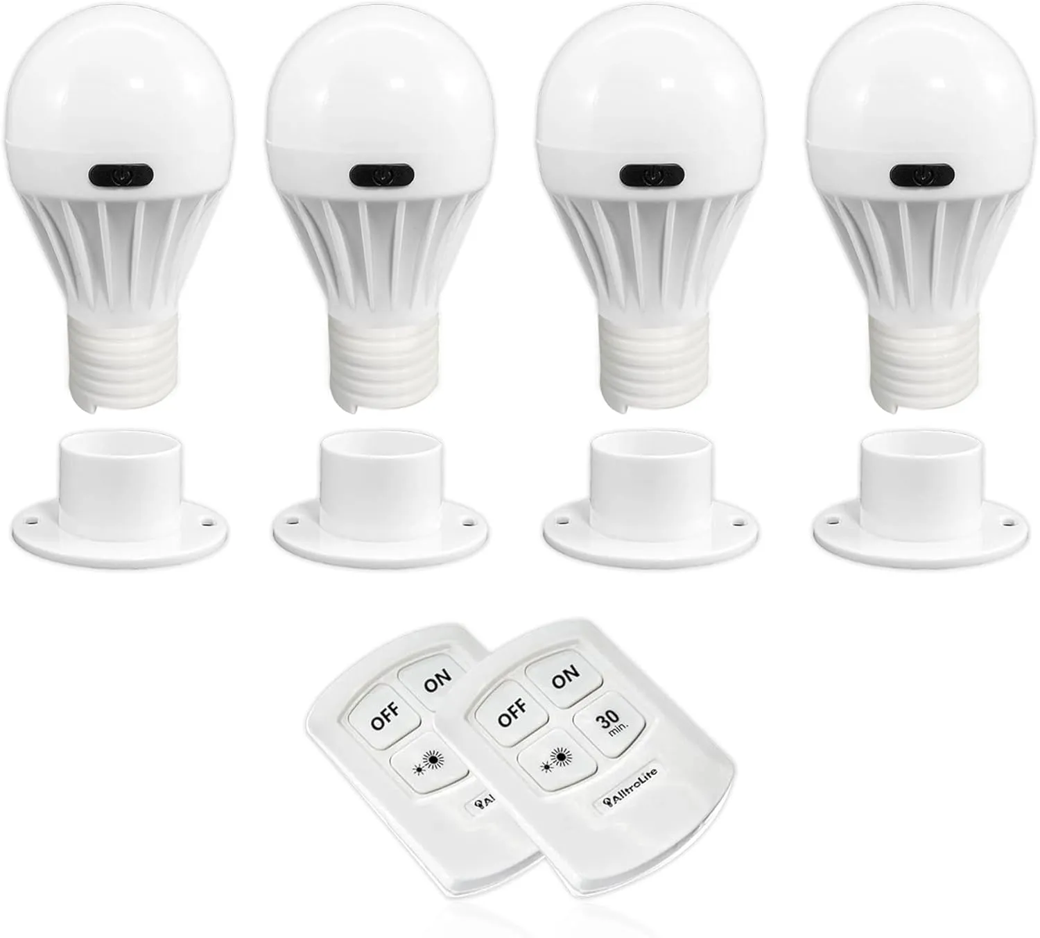 AlltroLite 4-Pack - Battery Operated Wireless LED Light Bulb | 200 Lumens Bright Light Bulb with 2 Remote Control & Magnetic Attachment | COB LED Cordless Nightlight for Under Cabinet, Shelf, Closet