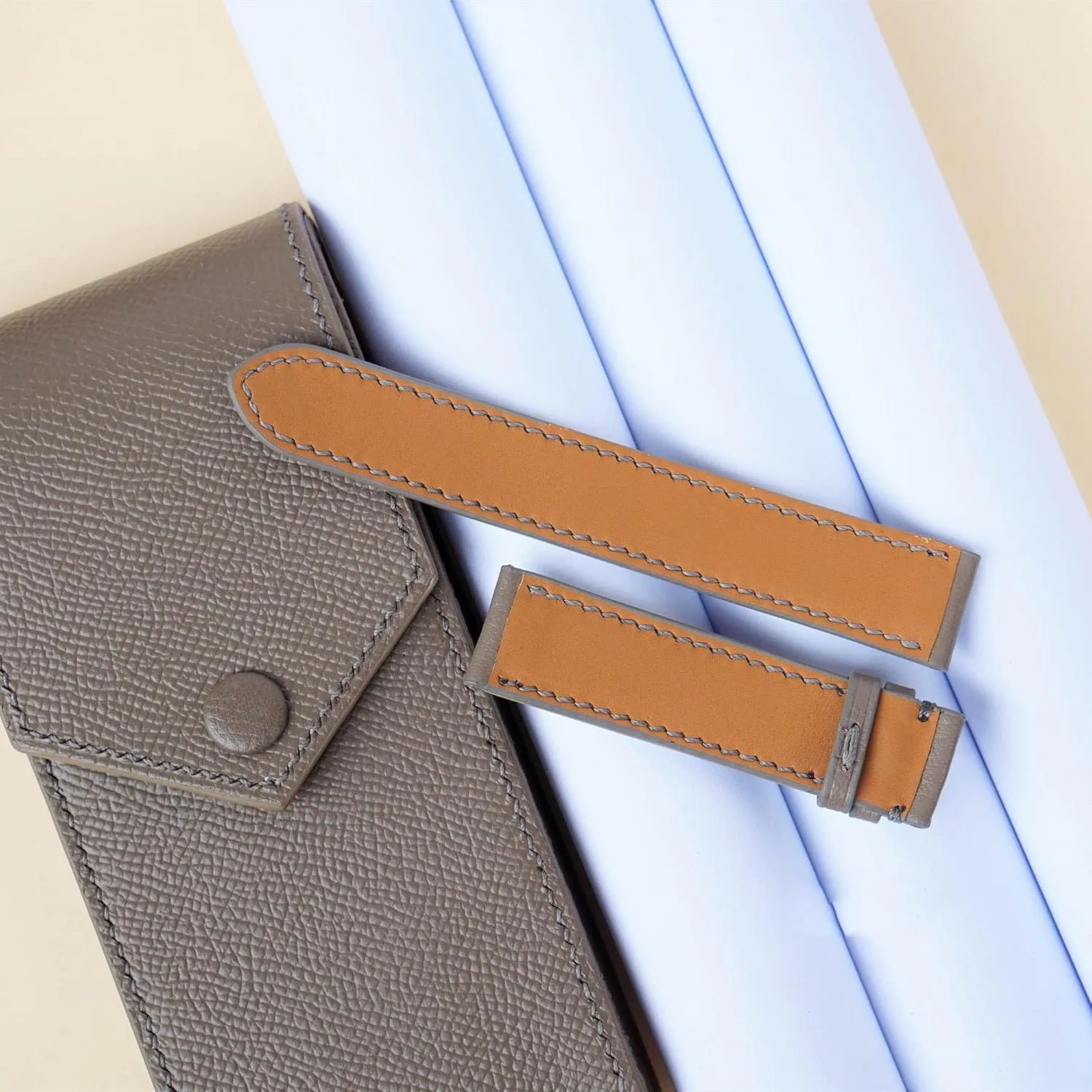 Alran Chevre Sully leather watch band, Sandy Taupe Goat leather watch strap (24mm, Steel Folding Clasp)
