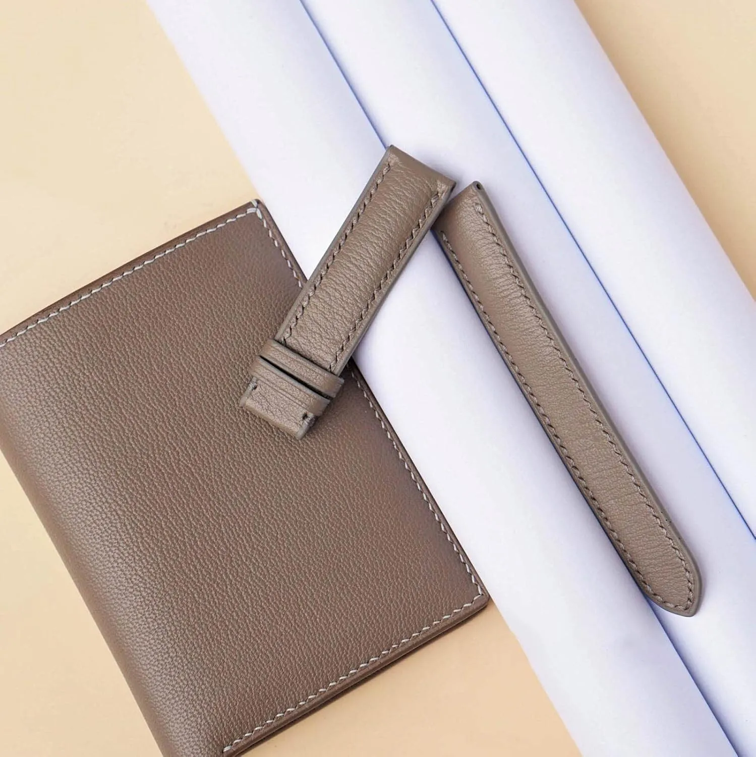 Alran Chevre Sully leather watch band, Sandy Taupe Goat leather watch strap (24mm, Steel Folding Clasp)