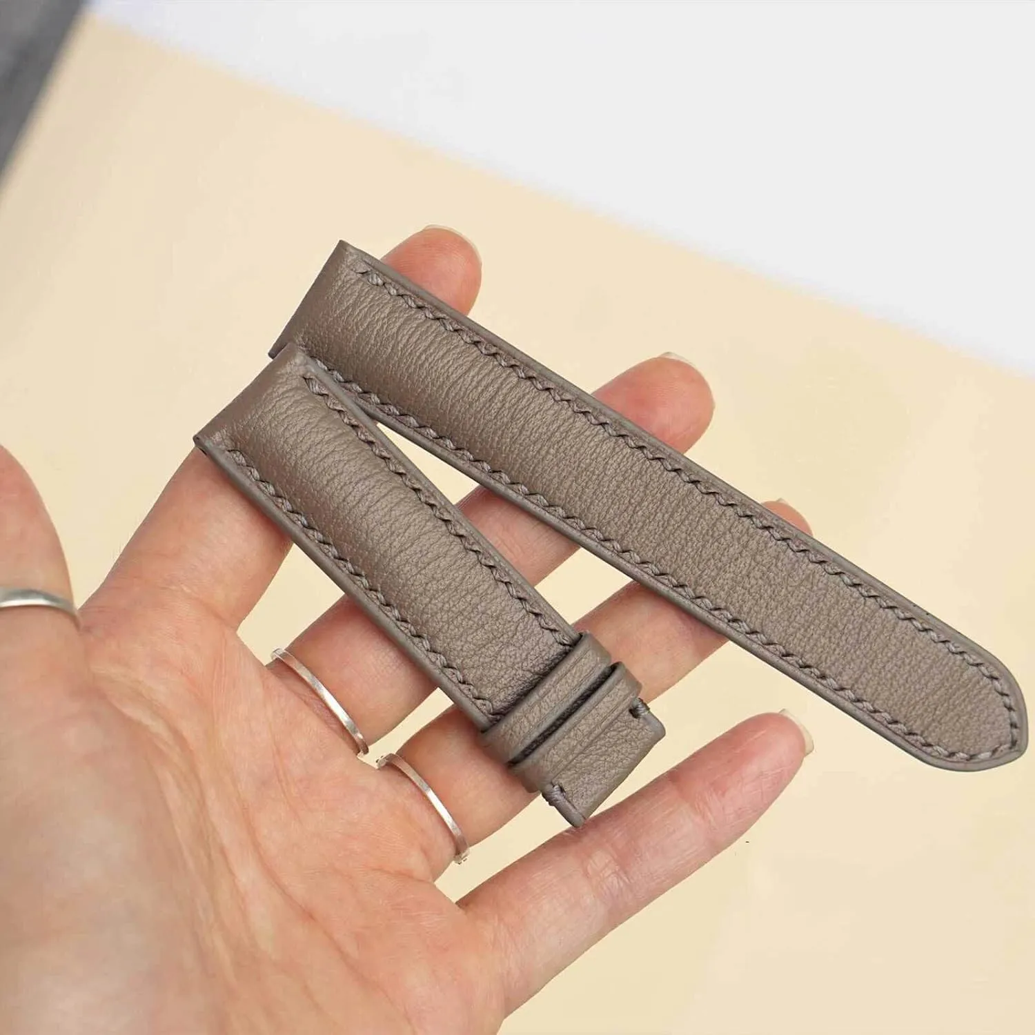 Alran Chevre Sully leather watch band, Sandy Taupe Goat leather watch strap (24mm, Steel Folding Clasp)