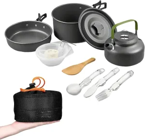 Aluminum Camping Cooking Set, Cookware Mess Kit with Storage Bag Pot Pan and Teapot Set, Camping Accessories for Outdoor Camping Hiking Picnic