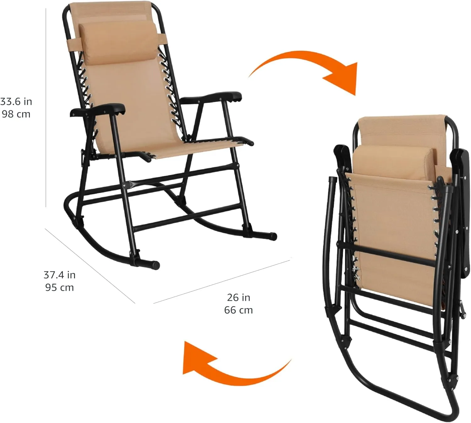 Amazon Basics Outdoor Patio Folding Reclining Lounge Rocking Chair with Pillow, Affordable Folding Chairs for Outside, Beige, 33.6 x 37.4 x 26 inch
