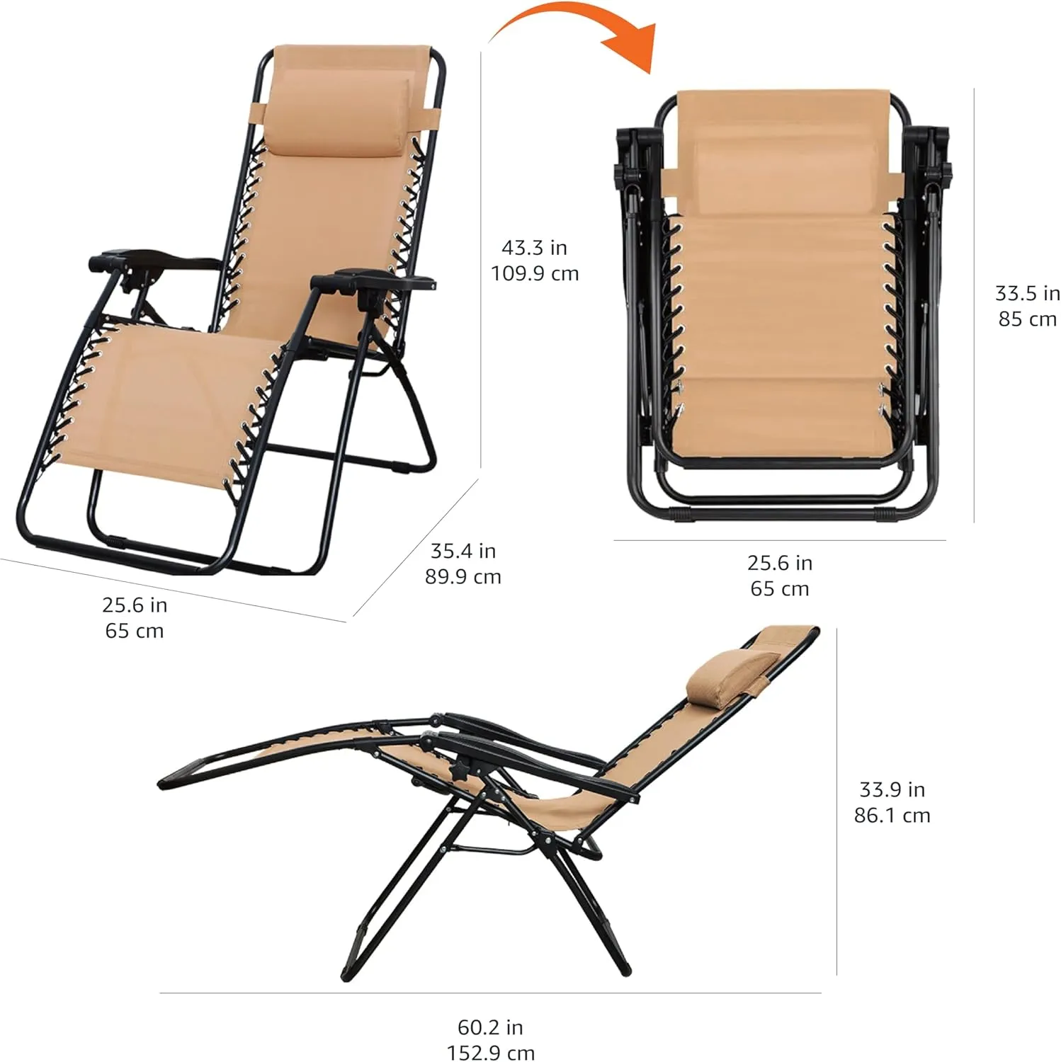Amazon Basics Outdoor Patio Zero Gravity Lounge Chair with Pillow, Folding Reclining and Textilene Adjustable, Folding Lounge Lawn Chairs for Outside, 26", Beige
