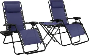 Amazon Basics Outdoor Textilene Adjustable Zero Gravity Folding Reclining Lounge Chair Set with Side Table, pack of 2, Blue