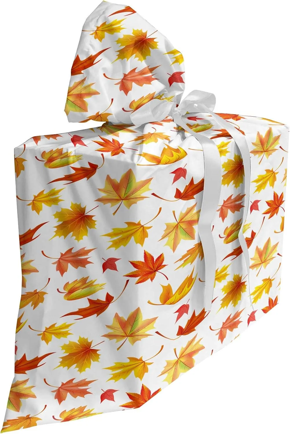 Ambesonne Autumn Fabric Gift Bag, Demonstration of Fallen Maple Leaves on a Plain Background Fall Season, Present Sack for Parties Birthdays with 3 Ribbons, 27, White and Multicolor