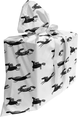 Ambesonne Cartoon Fabric Gift Bag, Prehistoric Drawings of Running Horses Free on Plain Background, Present Sack for Parties Birthdays with 3 Ribbons, 27, Charcoal Grey White