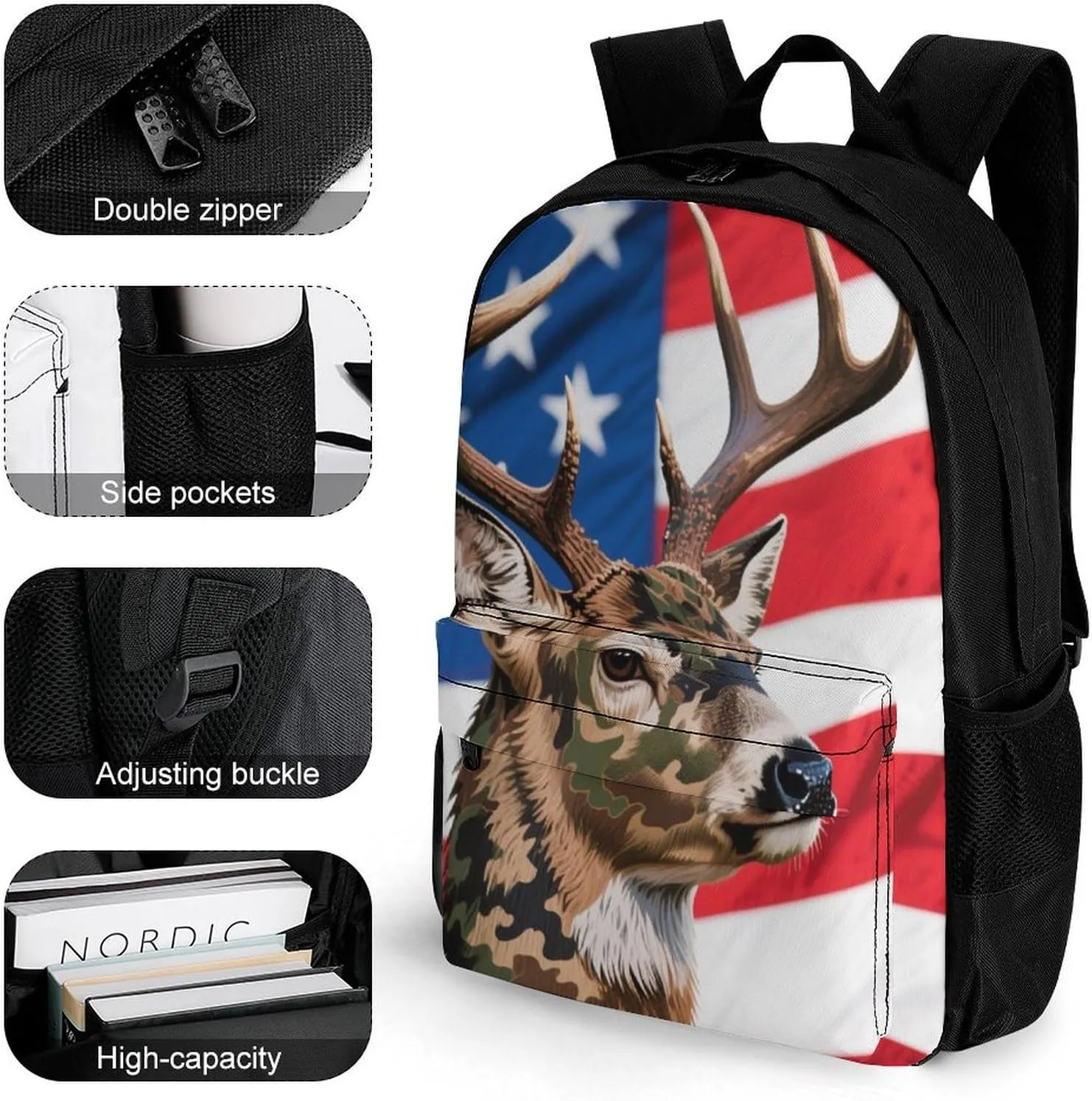 American Flag Camo Deer Camouflage Art Daypack Backpack Polyester Anti-Theft Multipurpose Bookbag Big Capacity Travel Hiking & Camping Rucksack With Smooth Zippers