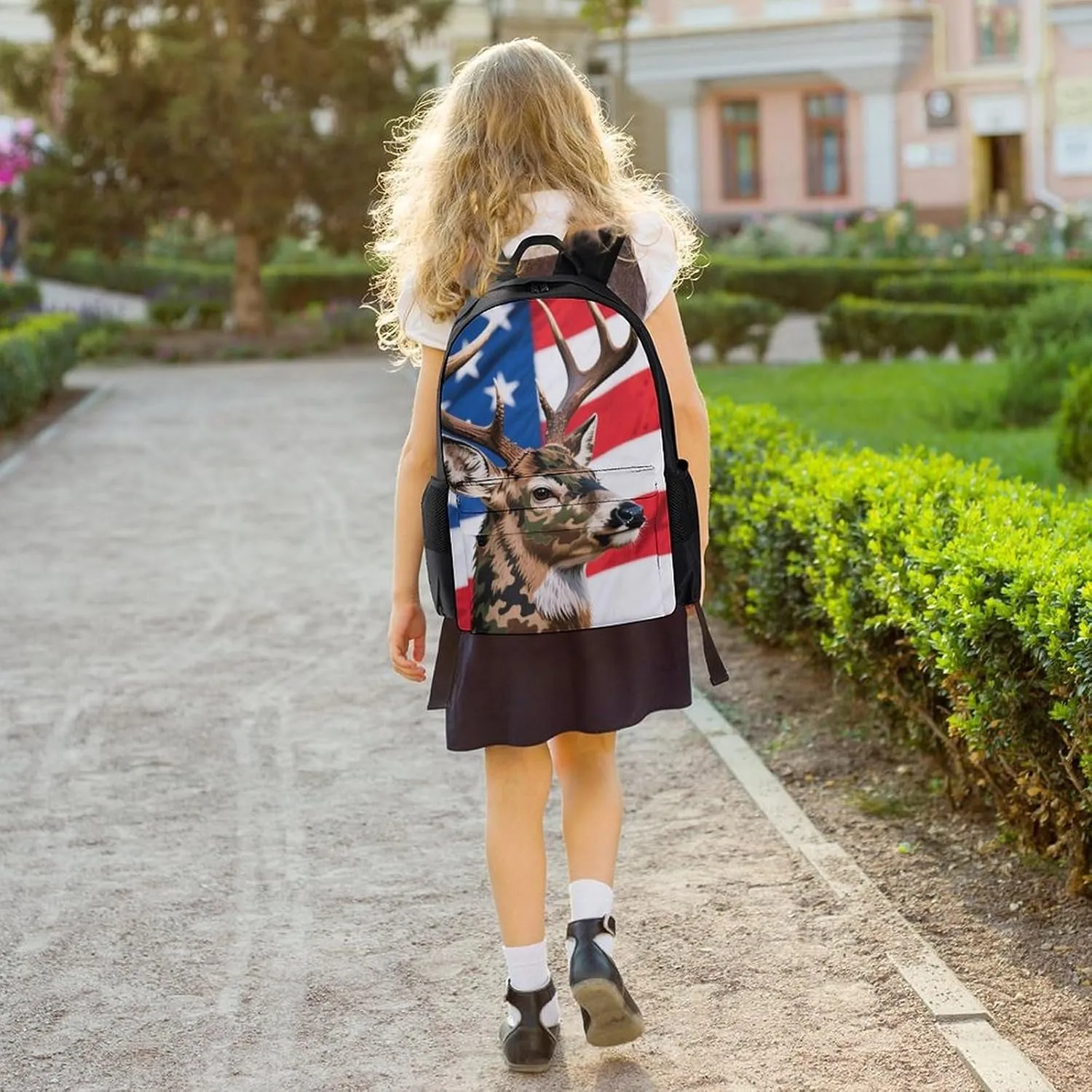 American Flag Camo Deer Camouflage Art Daypack Backpack Polyester Anti-Theft Multipurpose Bookbag Big Capacity Travel Hiking & Camping Rucksack With Smooth Zippers