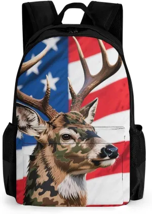 American Flag Camo Deer Camouflage Art Daypack Backpack Polyester Anti-Theft Multipurpose Bookbag Big Capacity Travel Hiking & Camping Rucksack With Smooth Zippers