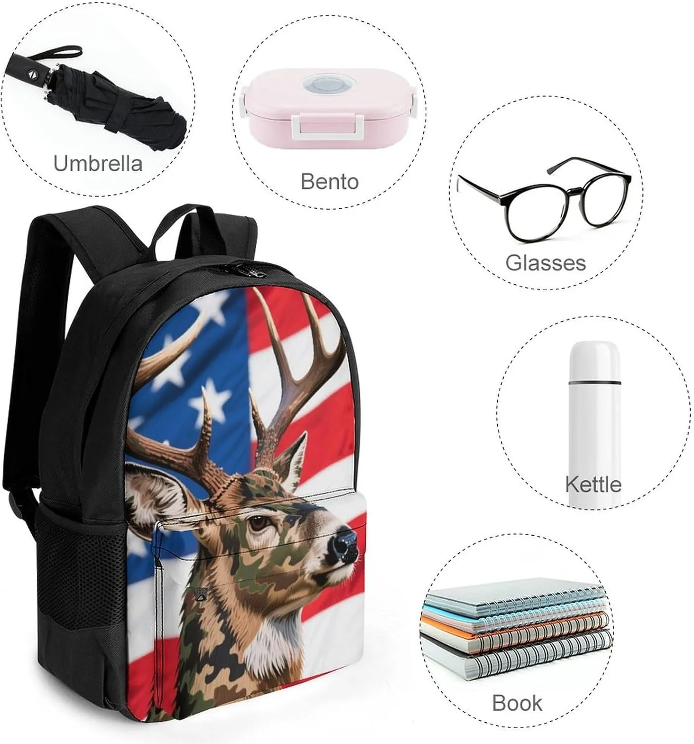 American Flag Camo Deer Camouflage Art Daypack Backpack Polyester Anti-Theft Multipurpose Bookbag Big Capacity Travel Hiking & Camping Rucksack With Smooth Zippers