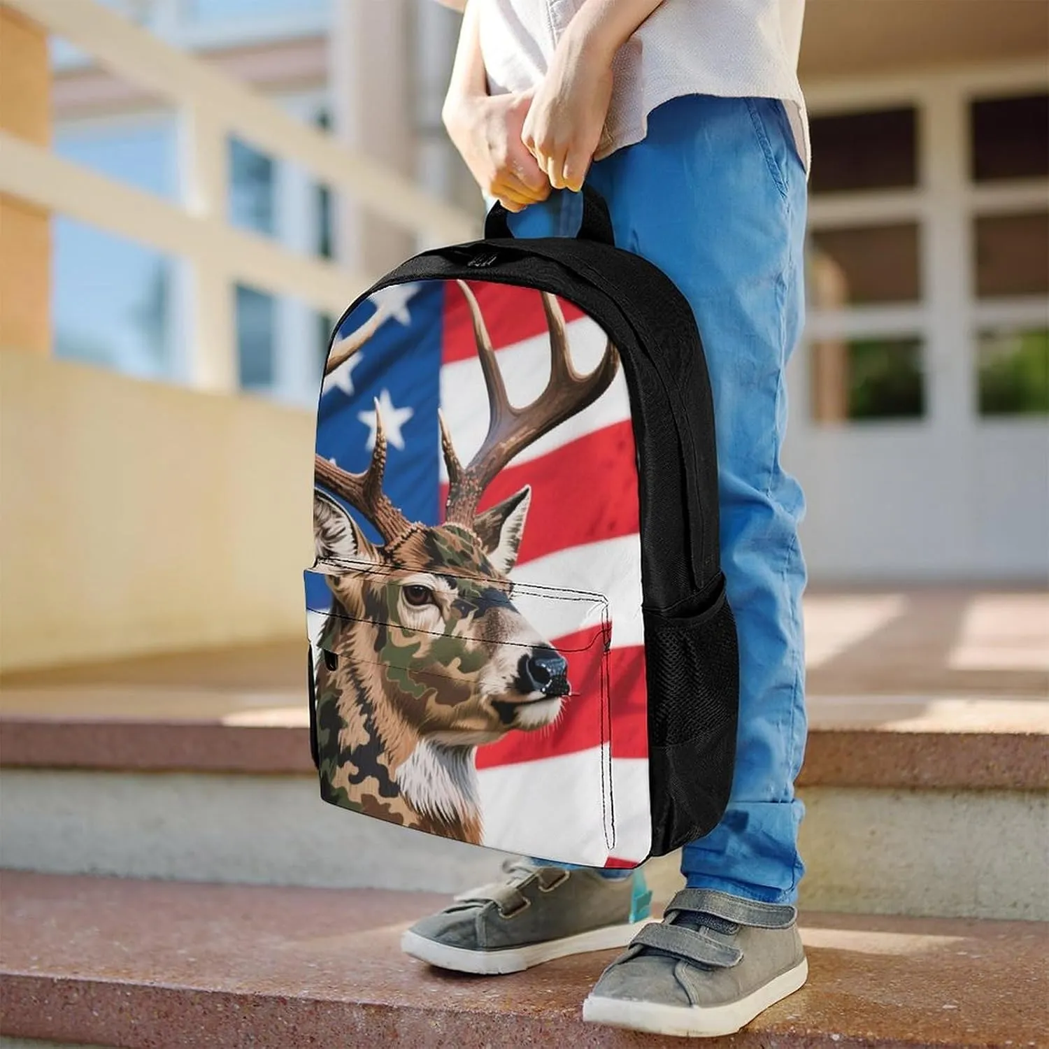 American Flag Camo Deer Camouflage Art Daypack Backpack Polyester Anti-Theft Multipurpose Bookbag Big Capacity Travel Hiking & Camping Rucksack With Smooth Zippers