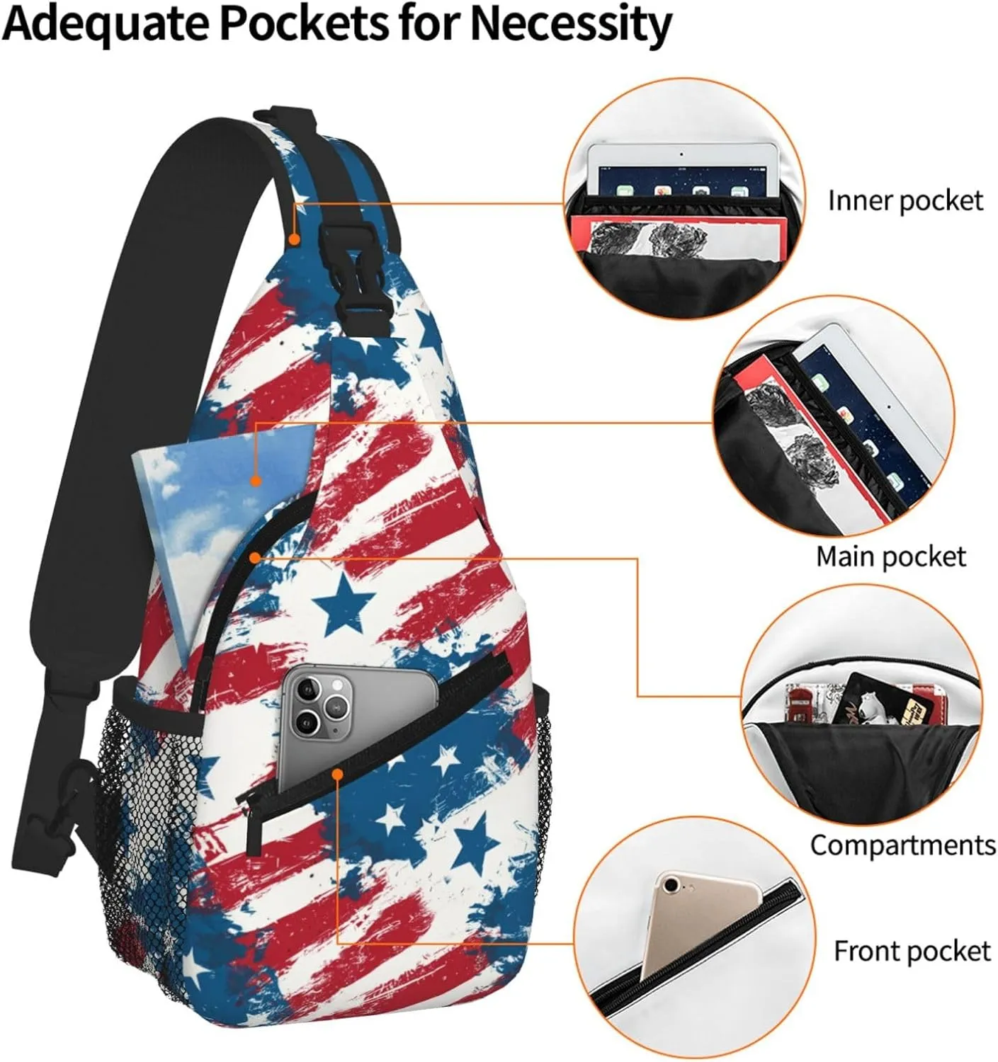 American Flag Sling Bag Crossbody Backpack Shoulder Daypack Multipurpose Cross Body Chest Bag for Men Women Travel Hiking Sports Gym