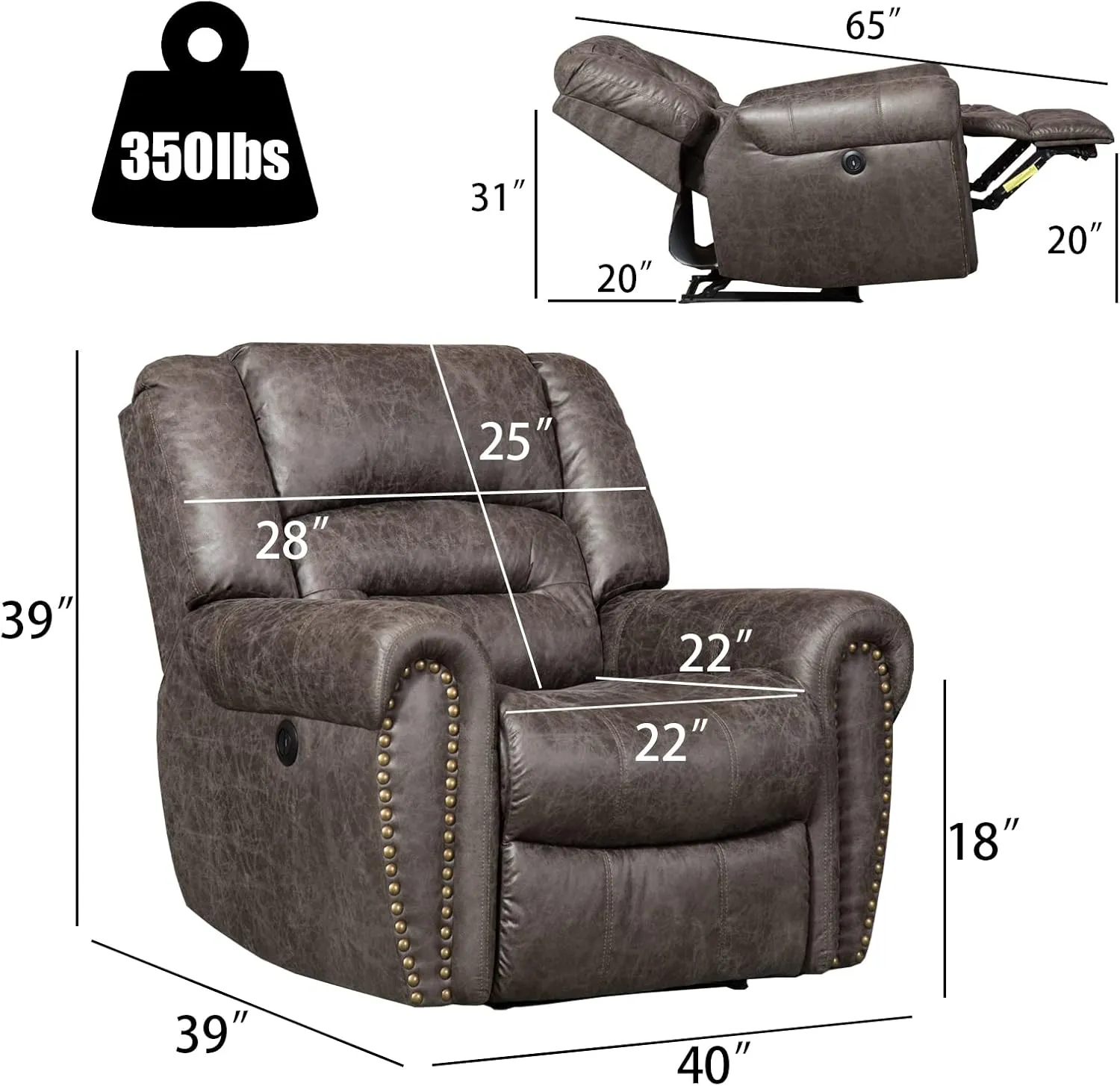 ANJ Electric Power Recliner Set of 2, Breathable Bonded Leather Reclining Chair Classic Home Theater Recliners Seating W/USB Port (Smoky Gray)