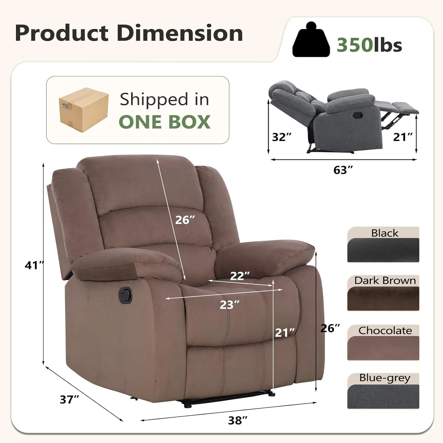 ANJ Fabric Recliner Chair with Overstuffed Arm and Back, Comfy Chocolate Manual Reclining Chairs for Adults, Living Room Single Sofa Recliners