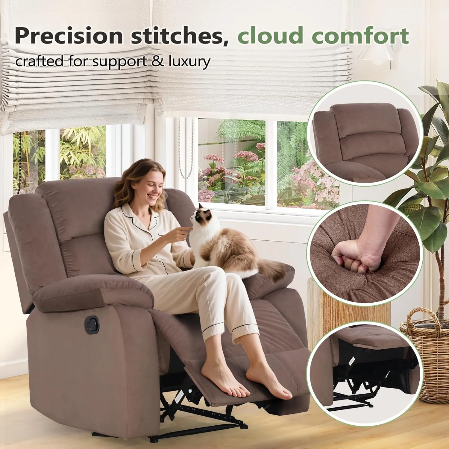 ANJ Fabric Recliner Chair with Overstuffed Arm and Back, Comfy Chocolate Manual Reclining Chairs for Adults, Living Room Single Sofa Recliners