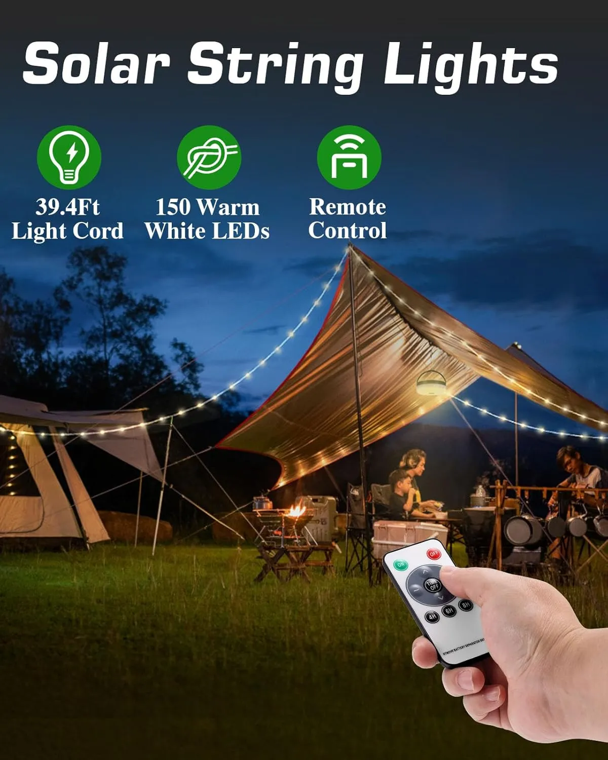 Anpro 2 in 1 Solar Camping String Lights, 39.4Ft Ultra Long String with 150LEDs, Solar Powered and USB Rechargeable Light with Remote Control,Portable Camping Light for Hiking, Decorations