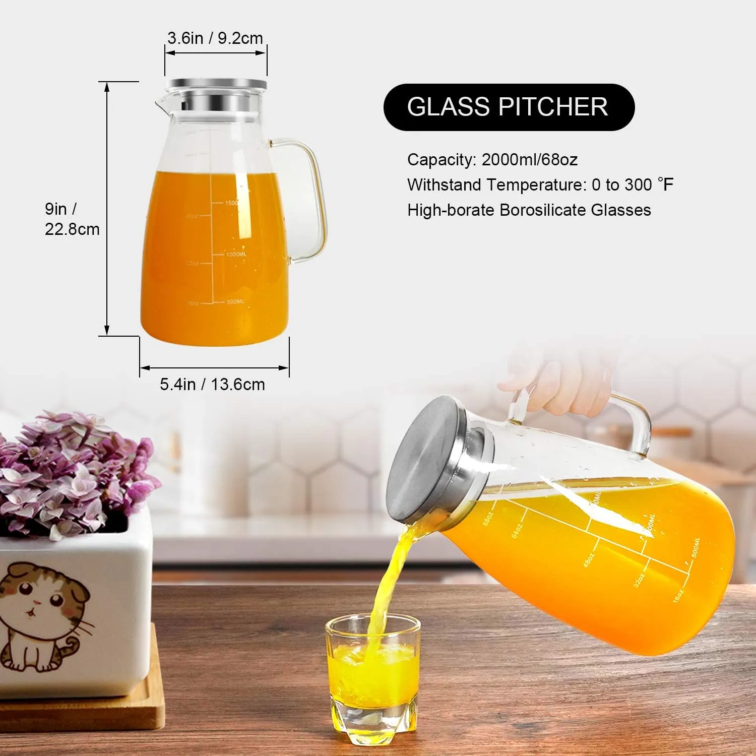 Aofmee Glass Pitcher, 68oz Water Pitcher with Lid and Precise Scale Line, 18/8 Stainless Steel Iced Tea Carafe, Easy Clean Heat Resistant Borosilicate Jug for Juice, Milk, Cold or Hot Beverages