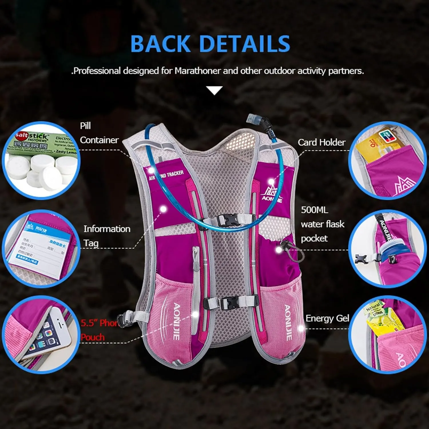 AONIJIE Hydration Backpack Running Vest, 5L Capacity, Multi-Pocket Design, Breathable and Lightweight, Pack for Outdoor Sports - Running, Cycling, Climbing and Hiking
