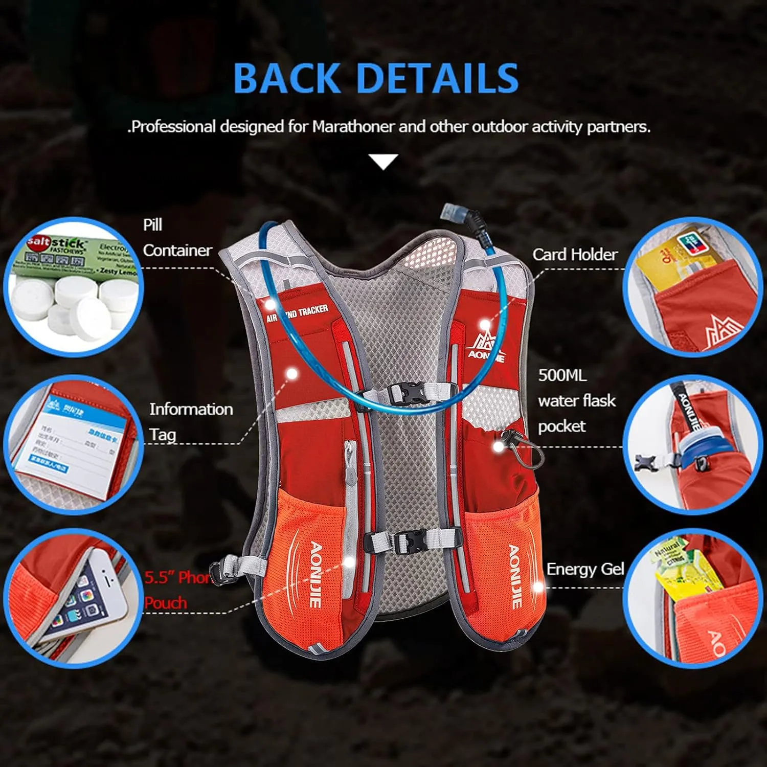 AONIJIE Hydration Backpack Running Vest, 5L Capacity, Multi-Pocket Design, Breathable and Lightweight, Pack for Outdoor Sports - Running, Cycling, Climbing and Hiking