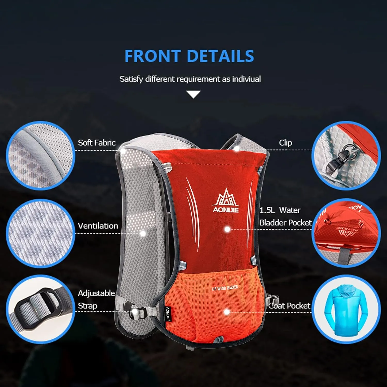 AONIJIE Hydration Backpack Running Vest, 5L Capacity, Multi-Pocket Design, Breathable and Lightweight, Pack for Outdoor Sports - Running, Cycling, Climbing and Hiking