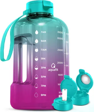 AQUAFIT 1 Gallon Water Bottle With Times To Drink - 128 oz Motivational Large - Sports Water Bottle With Time Marker & Straw - Gym Water Jug 1 Gallon