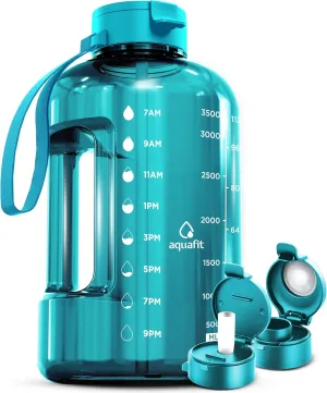 AQUAFIT 1 Gallon Water Bottle With Times To Drink - 128 oz Straw Motivational Large Sports Time Marker Gym Jug