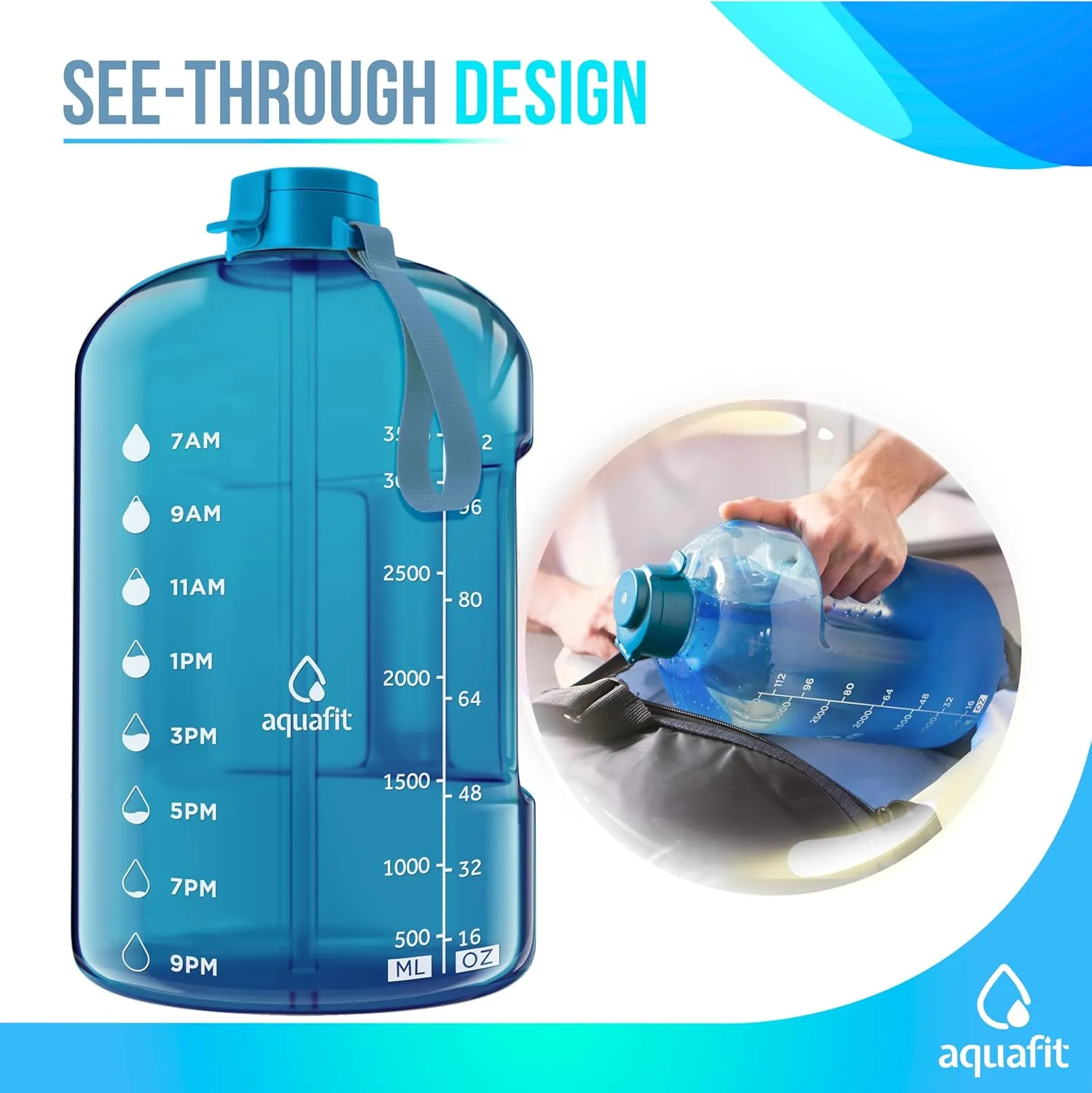 AQUAFIT 1 Gallon Water Bottle With Times To Drink - 128 oz Straw Motivational Large Sports Time Marker Gym Jug