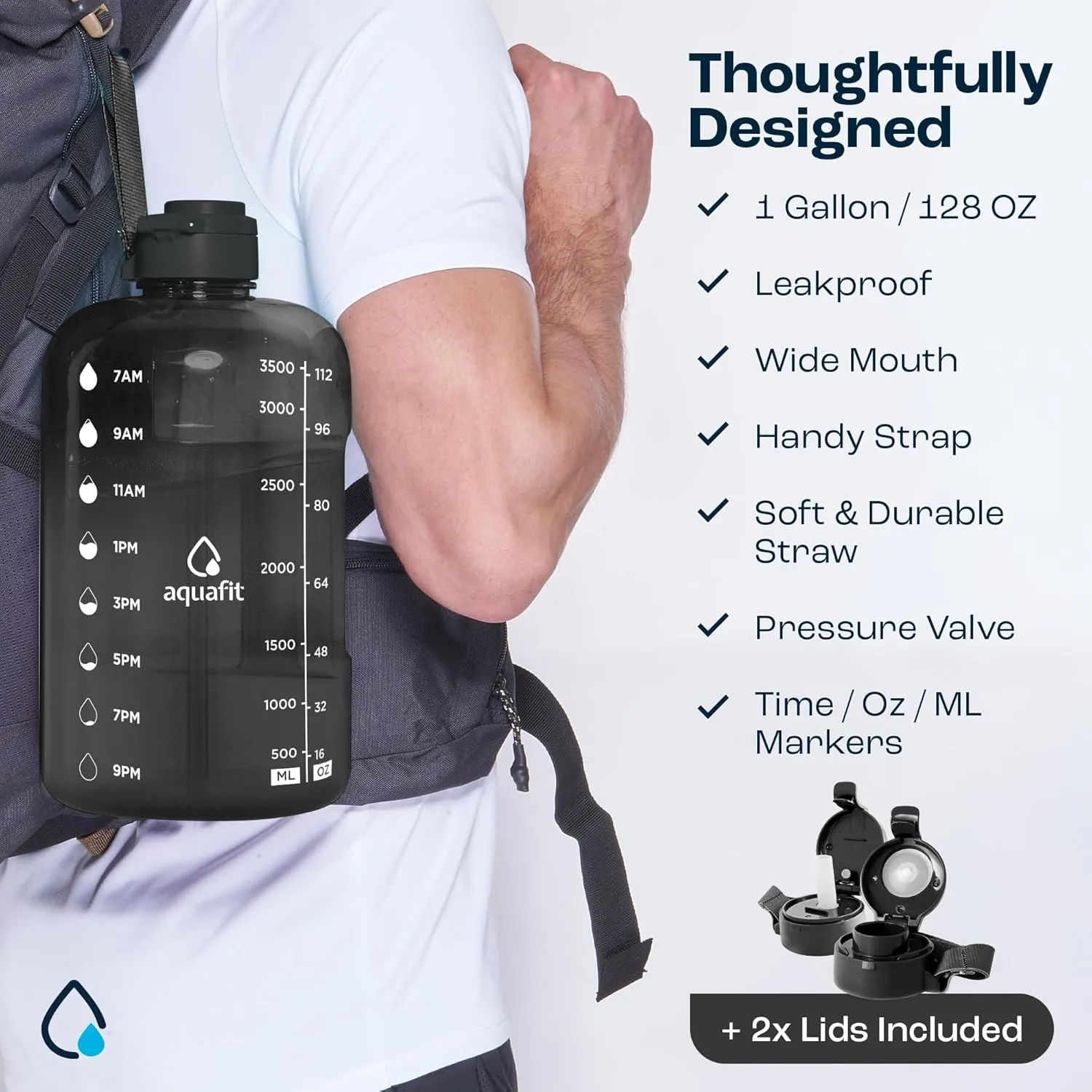 AQUAFIT 1 Gallon Water Bottle With Times To Drink - 128 oz Straw Motivational Large Sports Time Marker Gym Jug