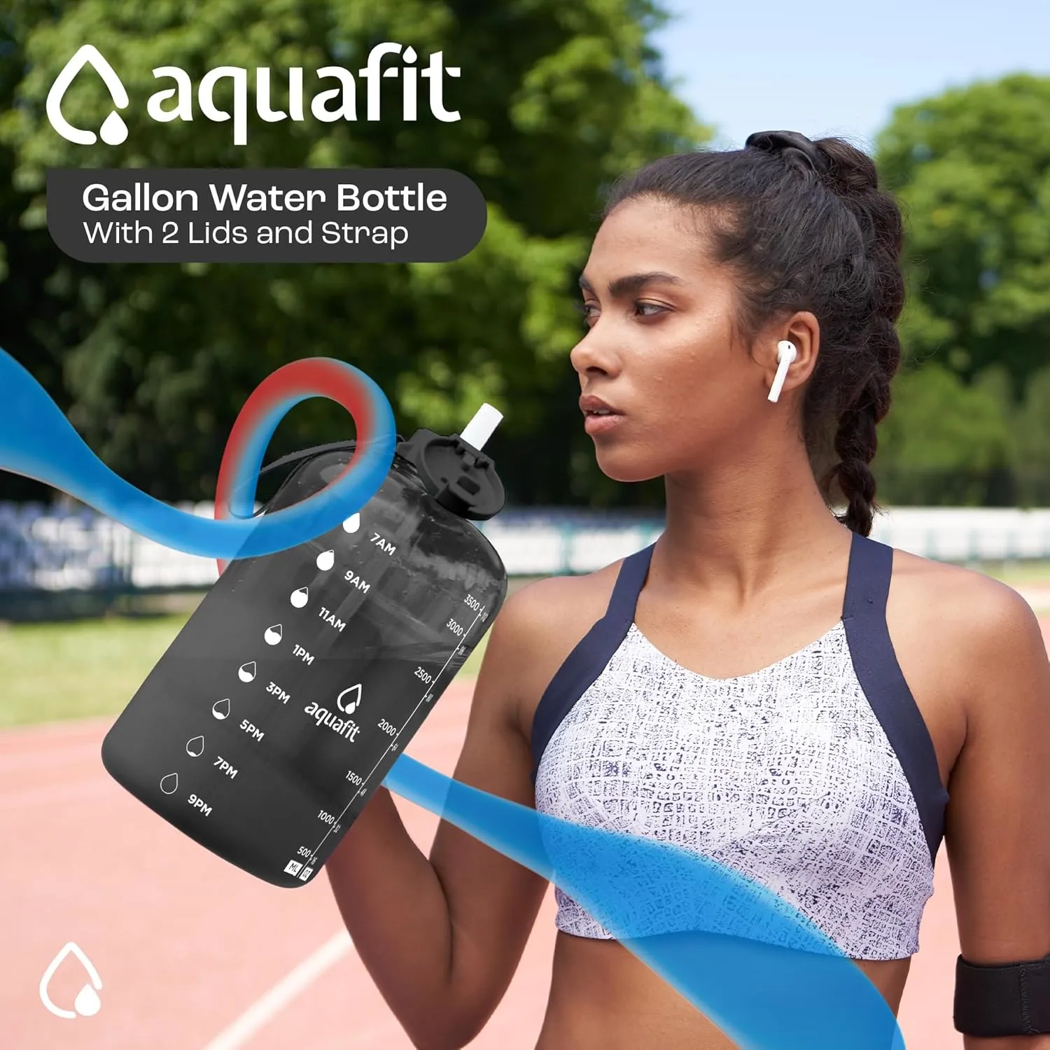 AQUAFIT 1 Gallon Water Bottle With Times To Drink - 128 oz Straw Motivational Large Sports Time Marker Gym Jug