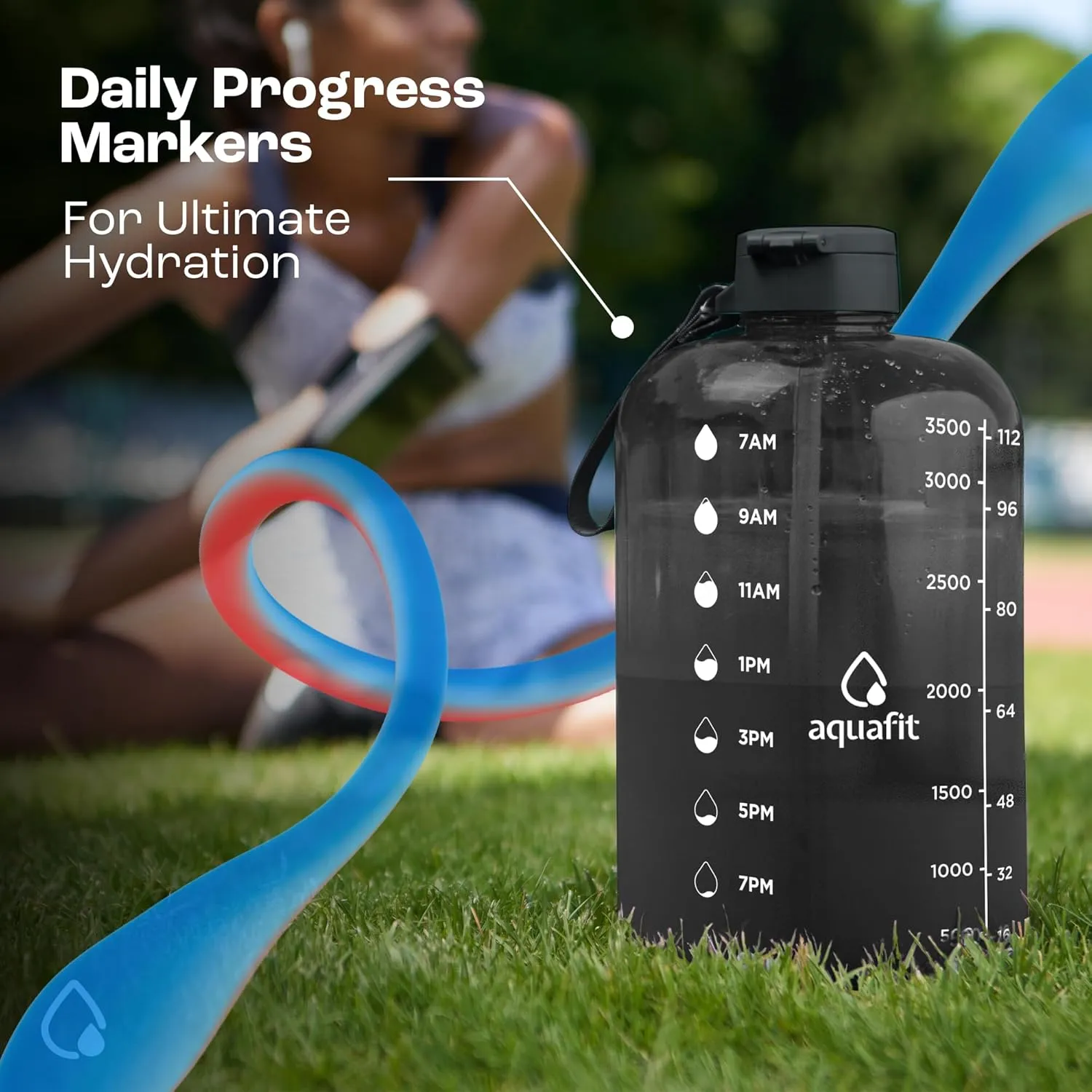 AQUAFIT 1 Gallon Water Bottle With Times To Drink - 128 oz Straw Motivational Large Sports Time Marker Gym Jug