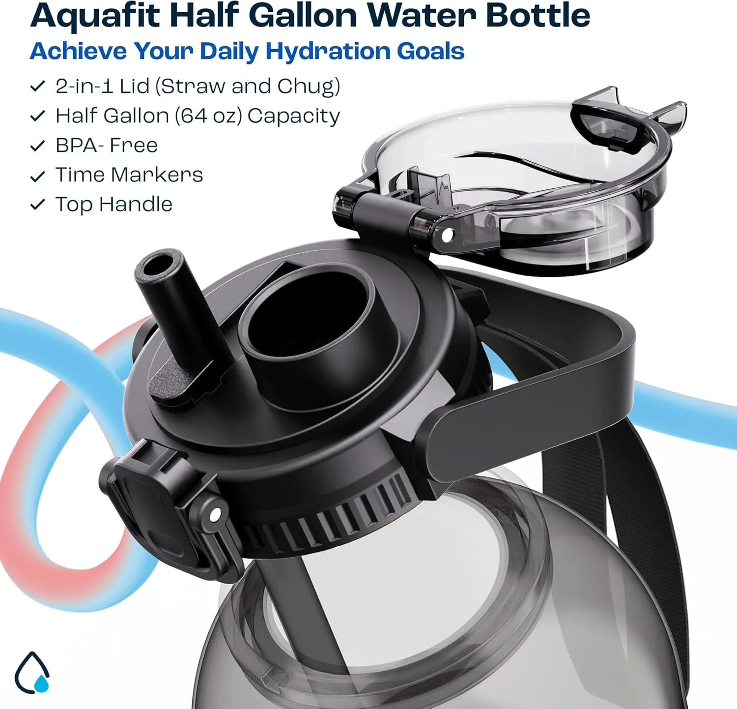 AQUAFIT 64 oz Water Bottle with Time Marker - 2in1 Straw & Chug Lid - BPA Free Big Water Bottle with Straw - Gym Water Bottle with Strap - Water Jug (64 Ounces, Aqua)
