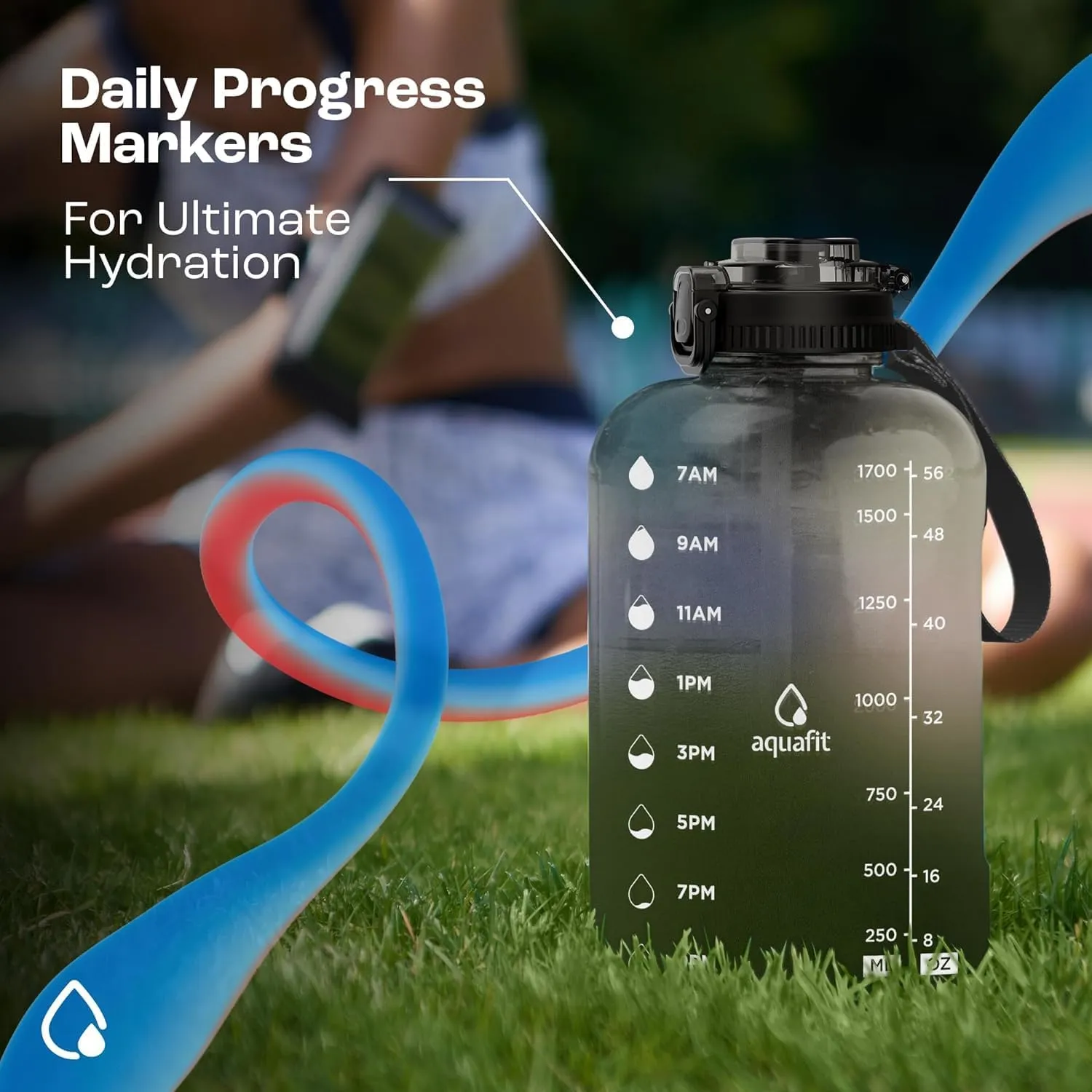 AQUAFIT 64 oz Water Bottle with Time Marker - Straw & Chug Lid - BPA Free Big Water Bottle with Straw - Gym Water Bottle with Handle - Gallon Water Jug (64 Ounces, Cool Mint)