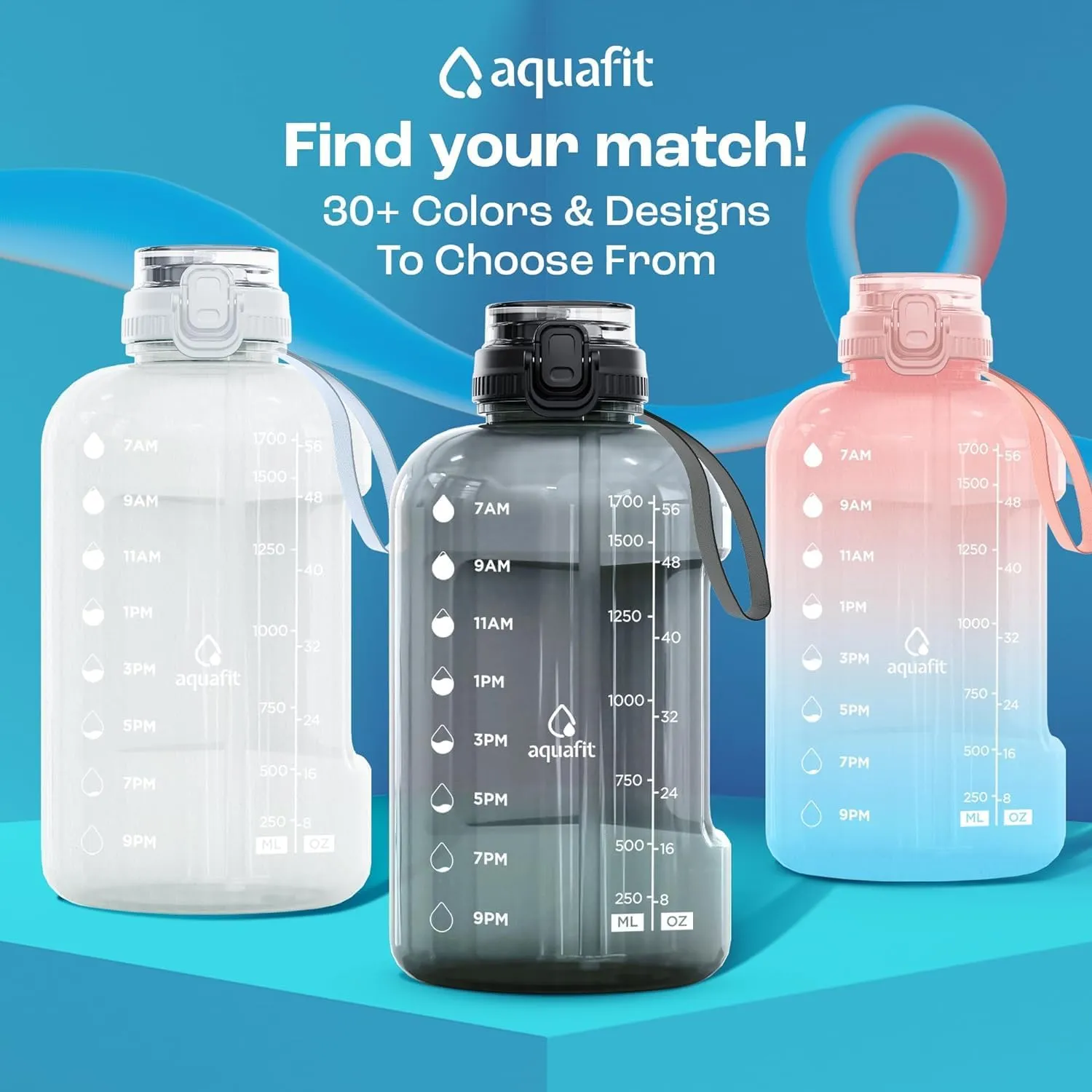 AQUAFIT 64 oz Water Bottle with Time Marker - Straw & Chug Lid - BPA Free Big Water Bottle with Straw - Gym Water Bottle with Handle - Gallon Water Jug (64 Ounces, Cool Mint)