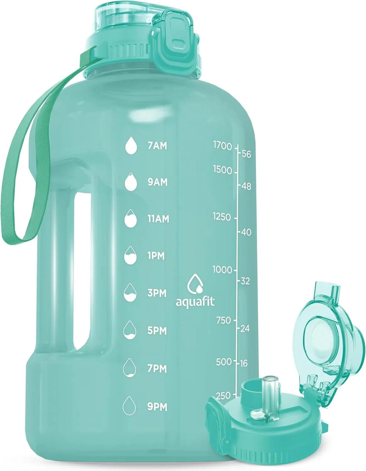 AQUAFIT 64 oz Water Bottle with Time Marker - Straw & Chug Lid - BPA Free Big Water Bottle with Straw - Gym Water Bottle with Handle - Gallon Water Jug (64 Ounces, Cool Mint)
