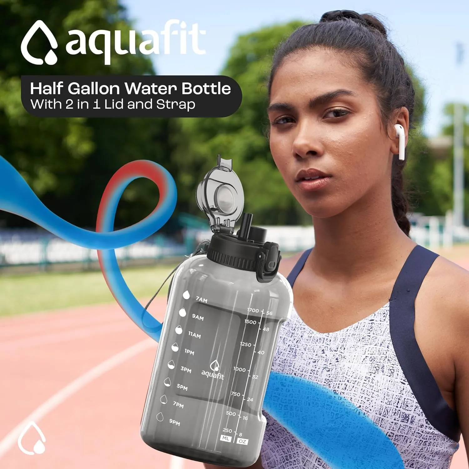 AQUAFIT 64 oz Water Bottle with Time Marker - Straw & Chug Lid - BPA Free Big Water Bottle with Straw - Gym Water Bottle with Handle - Gallon Water Jug (64 Ounces, Cool Mint)