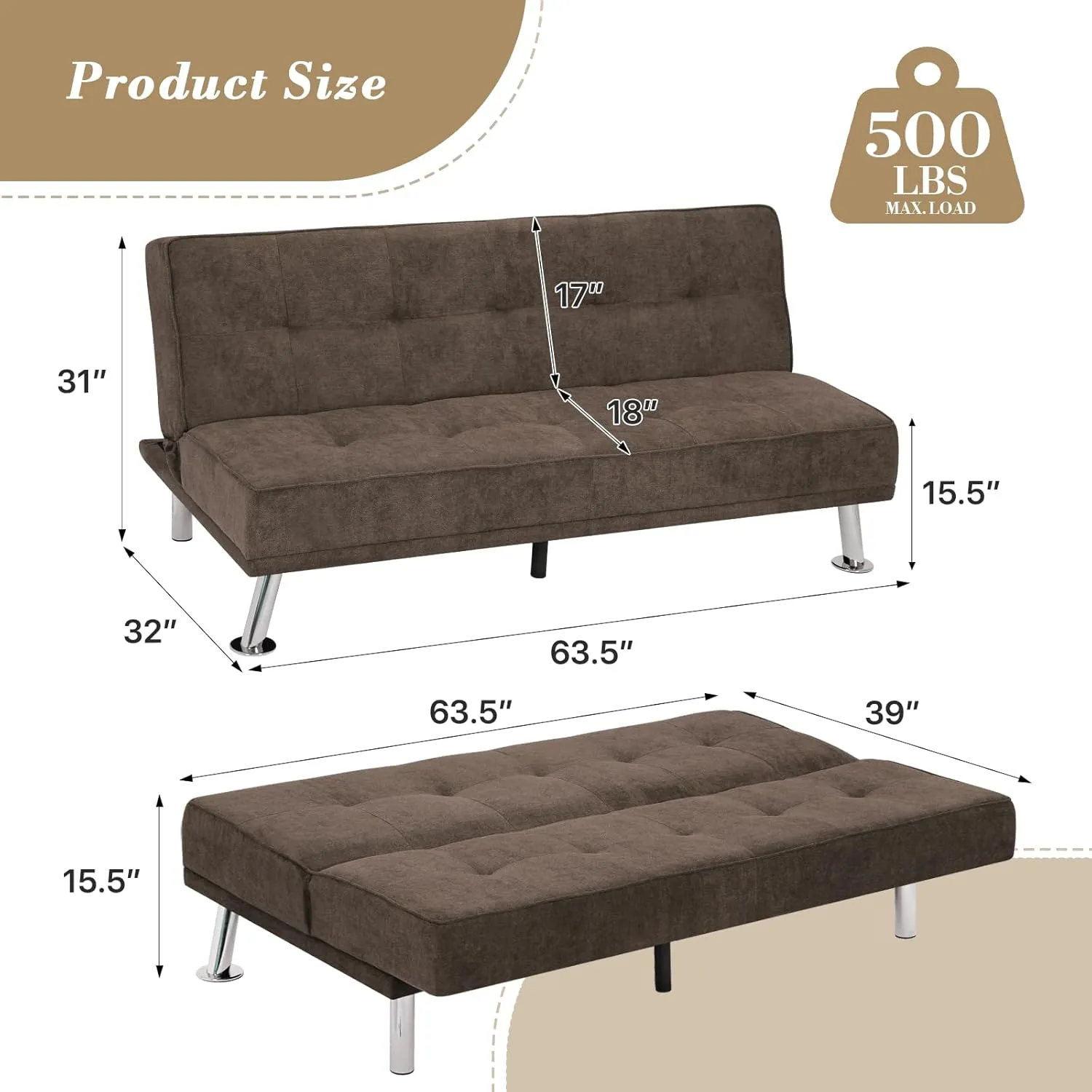 Athena Collection Futon Sofa Bed, Small Folding Futon Couch Bed 4 Position Reclining Adjustable, Convertible Mini Couch Sofa Linen Fabric for Living Room, Bedroom, Apartment, Small Space, Brown