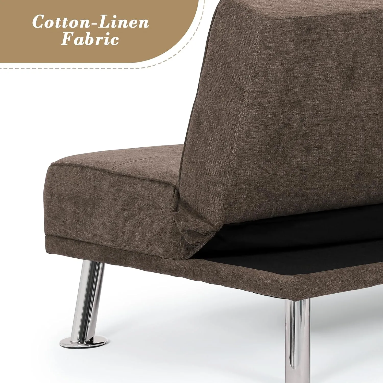 Athena Collection Futon Sofa Bed, Small Folding Futon Couch Bed 4 Position Reclining Adjustable, Convertible Mini Couch Sofa Linen Fabric for Living Room, Bedroom, Apartment, Small Space, Brown