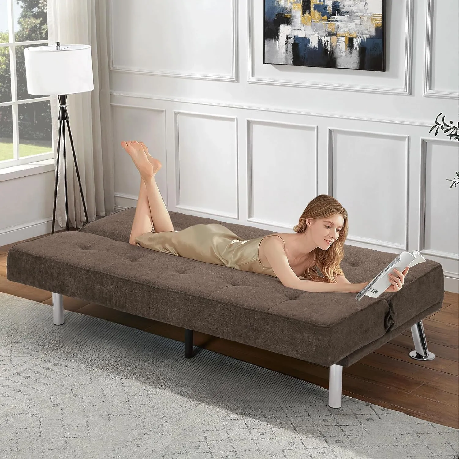 Athena Collection Futon Sofa Bed, Small Folding Futon Couch Bed 4 Position Reclining Adjustable, Convertible Mini Couch Sofa Linen Fabric for Living Room, Bedroom, Apartment, Small Space, Brown