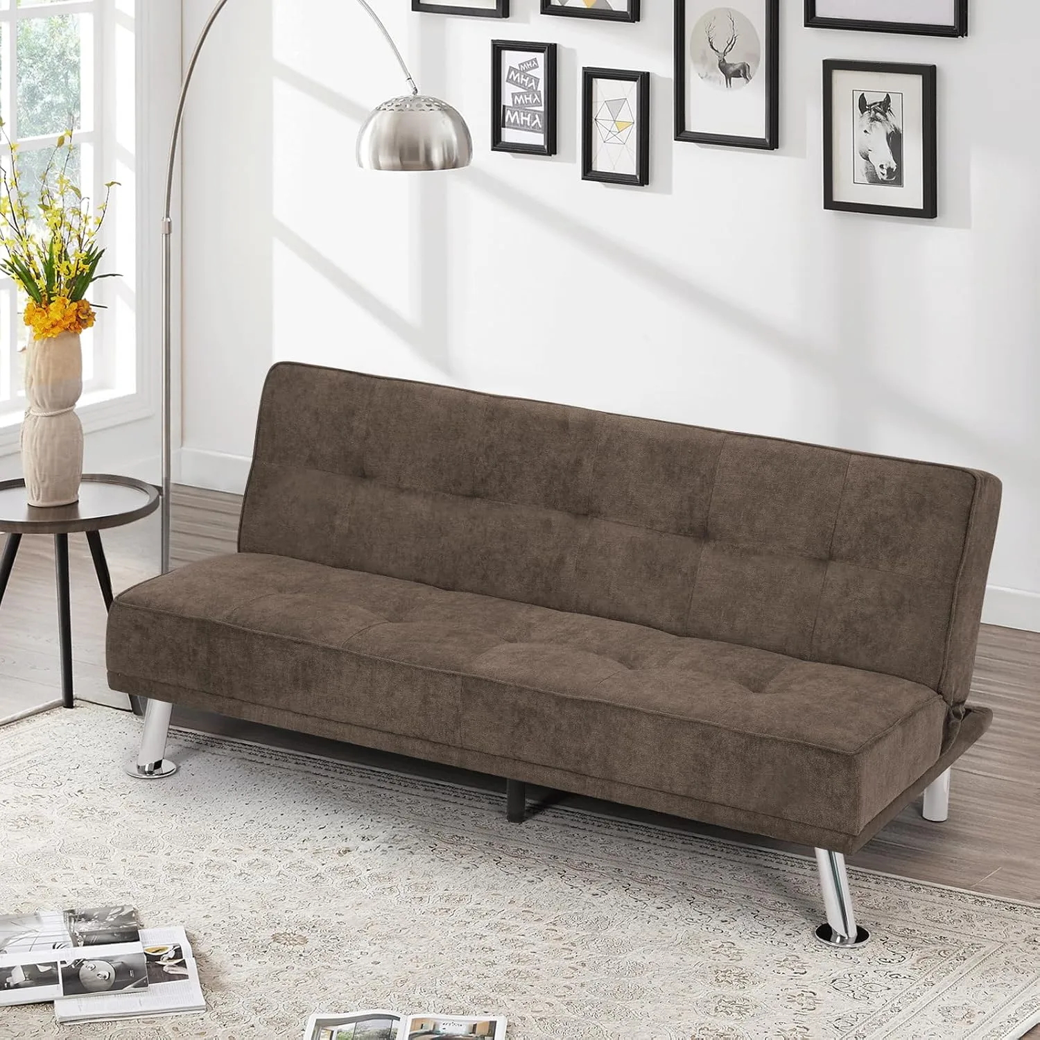 Athena Collection Futon Sofa Bed, Small Folding Futon Couch Bed 4 Position Reclining Adjustable, Convertible Mini Couch Sofa Linen Fabric for Living Room, Bedroom, Apartment, Small Space, Brown