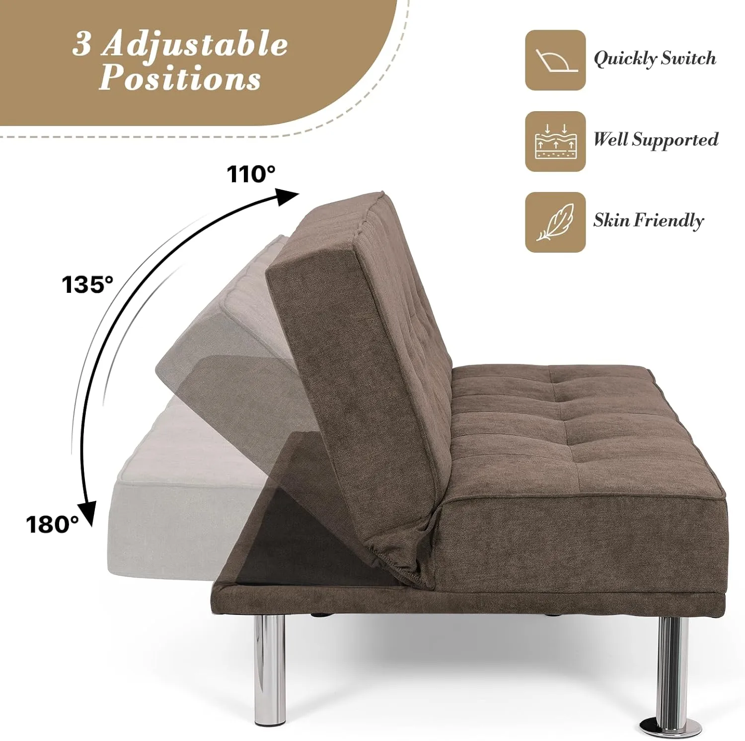 Athena Collection Futon Sofa Bed, Small Folding Futon Couch Bed 4 Position Reclining Adjustable, Convertible Mini Couch Sofa Linen Fabric for Living Room, Bedroom, Apartment, Small Space, Brown